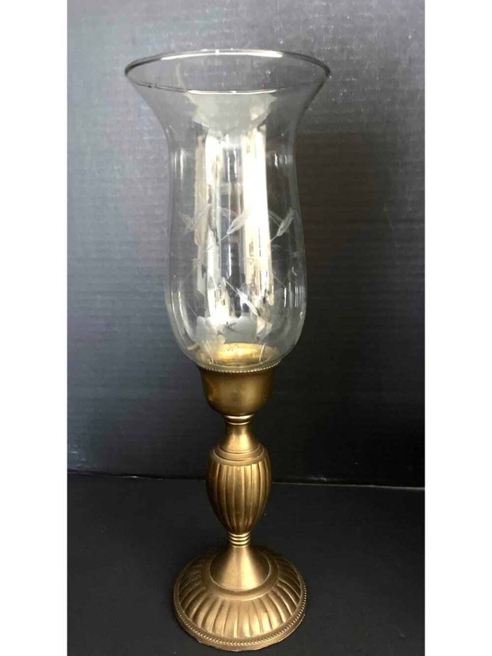 Vintage Solid Brass Hurricane Candle Holder rFloral Etched Bell Shaped Chimney